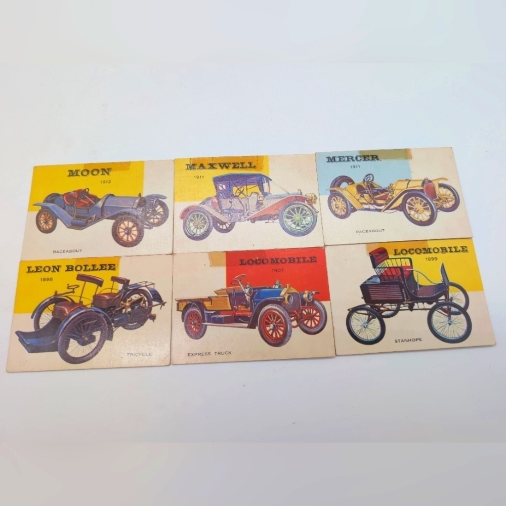 1954 Topps Card Set Of 6 Locomobile, Moon, Maxwell, Mercer, Leon Bollee